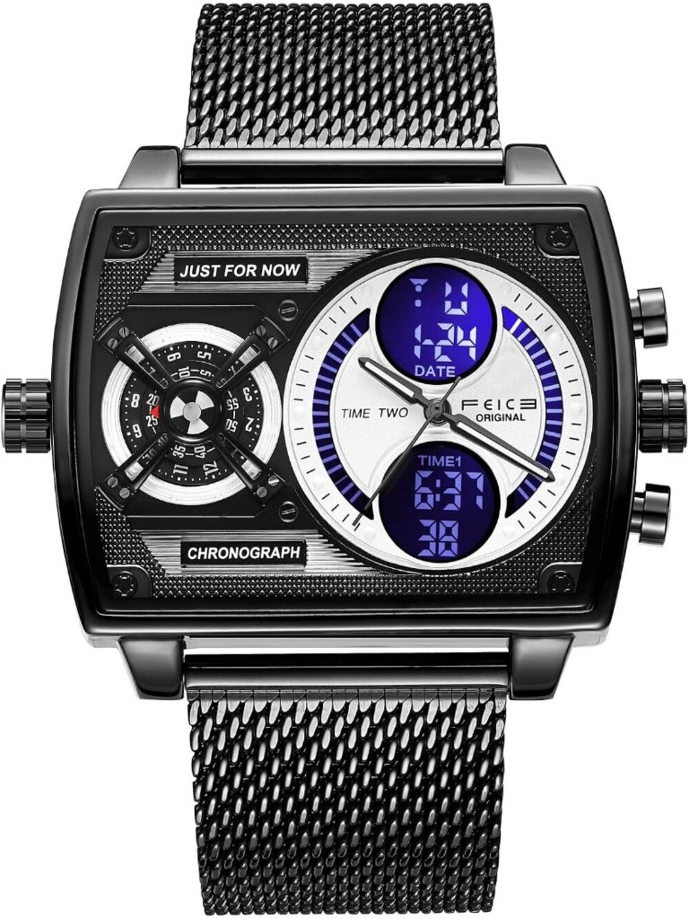 Men's Black Chronograph Square Quartz Stainless Steel Band Digital Analog Watch